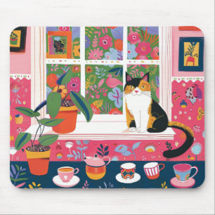 Tapis De Souris Chat calico sur appui de fenêtre Pop Art
