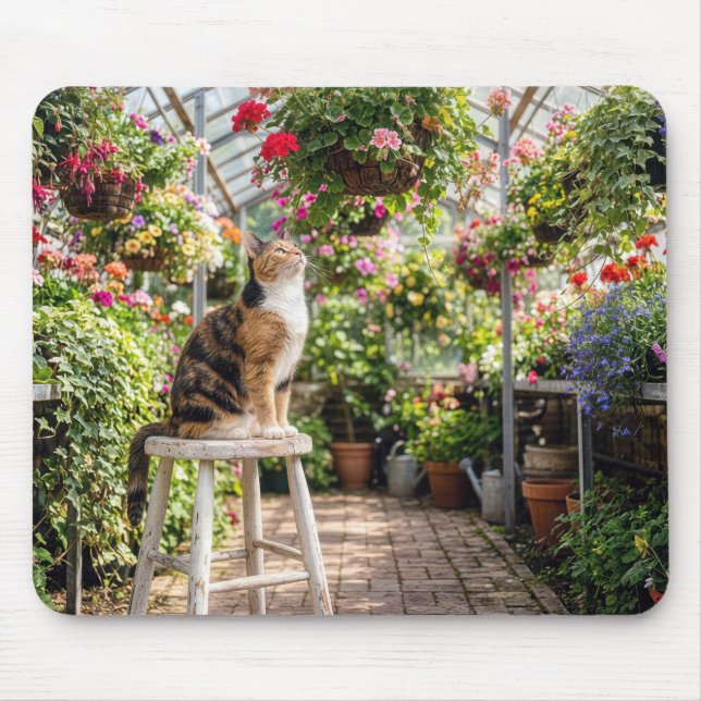 Tapis De Souris Chat calico sur un tabouret dans une serre (Devant)