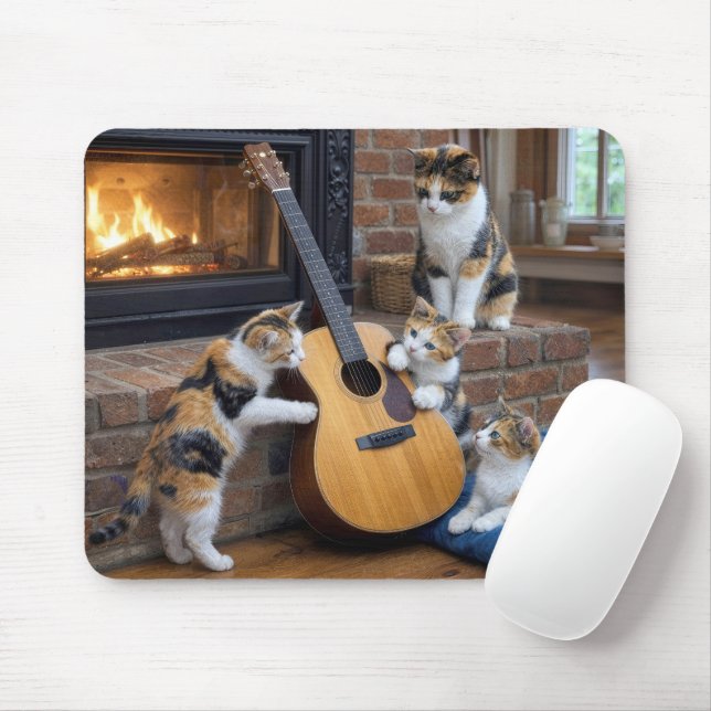Tapis De Souris Chat calicot avec chatons et guitare (Avec souris)