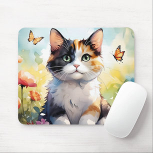 Tapis De Souris Chat calicot dans un jardin printanier avec papill