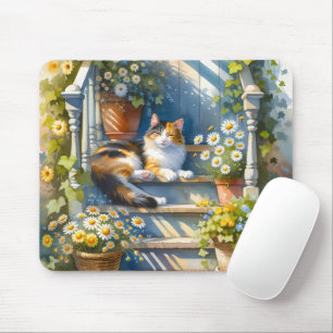 Tapis De Souris Chat calicot sur une véranda fleurie Cottagecore