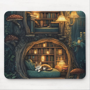 Tapis De Souris Chat confortable dans une bibliothèque Magique Tre