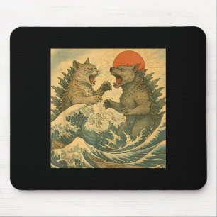 Tapis De Souris Chat contre monstre Kaiju de chien de style Ukiyo-