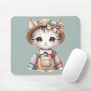 Tapis De Souris Chat Cottagecore au look Pastel en Salopette & Cha