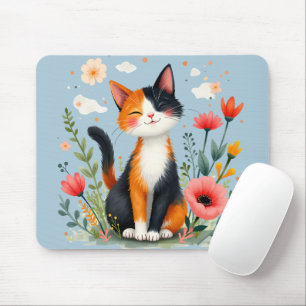 Tapis De Souris Chat de Calico Art floral Cottagecore