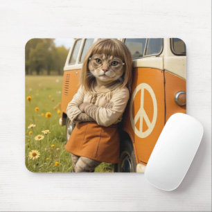 Tapis De Souris Chat de fille hippie penchée sur un Van rétro