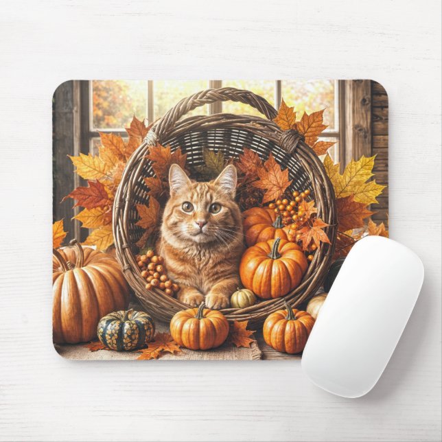 Tapis De Souris Chat de gingembre à Thanksgiving Cornucopia (Avec souris)