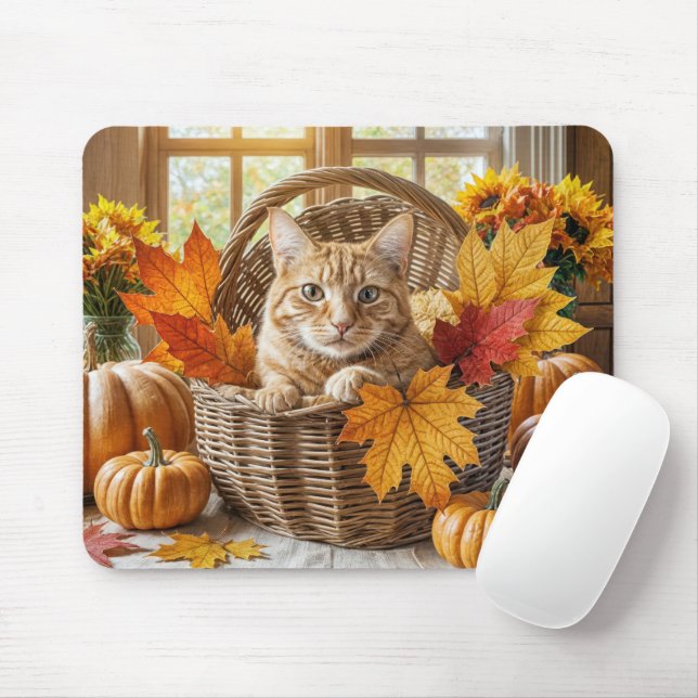 Tapis De Souris Chat de gingembre dans le panier d'automne (Avec souris)