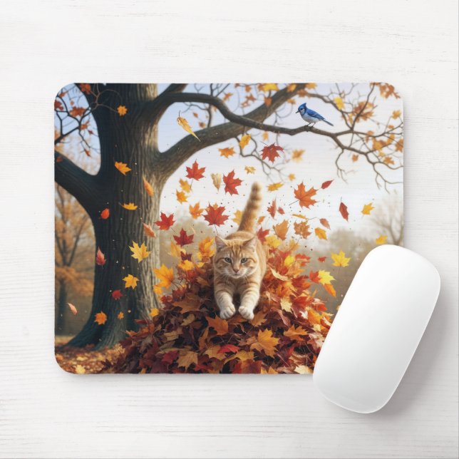 Tapis De Souris Chat de gingembre sautant de la feuille d'automne  (Avec souris)