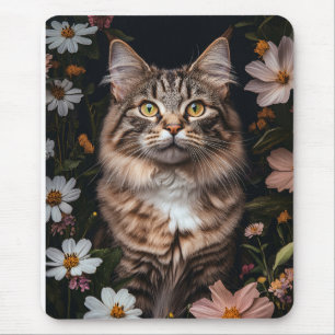 Tapis De Souris Chat de Maine Coon entouré de fleurs