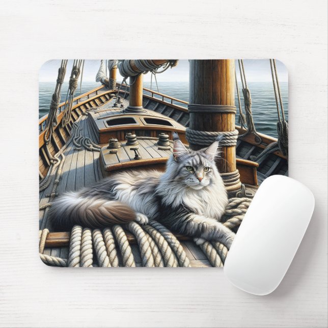 Tapis De Souris Chat de Maine Coon sur un pont de navire (Avec souris)