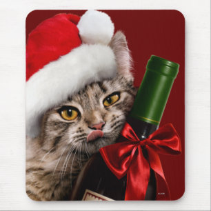 Tapis De Souris Chat De Noël À La Bouteille De Vin