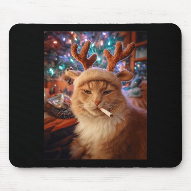 Tapis De Souris Chat de Noël Fumant une Cigarette Mème Confort Gen (Devant)