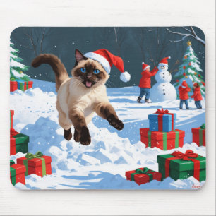 Tapis De Souris Chat de Siamese coule en neige avec Casquette de N