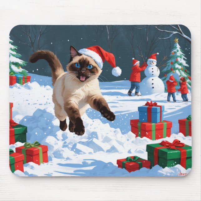 Tapis De Souris Chat de Siamese coule en neige avec Casquette de N (Devant)