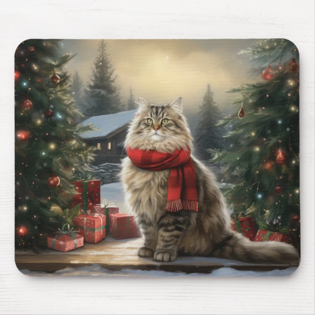 Tapis De Souris Chat de Sibérie en Noël de Neige (Devant)