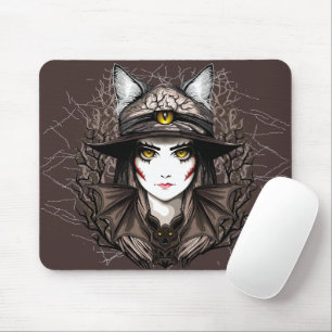 Tapis De Souris Chat de sorcière Halloween Déplaisant Portrait mig
