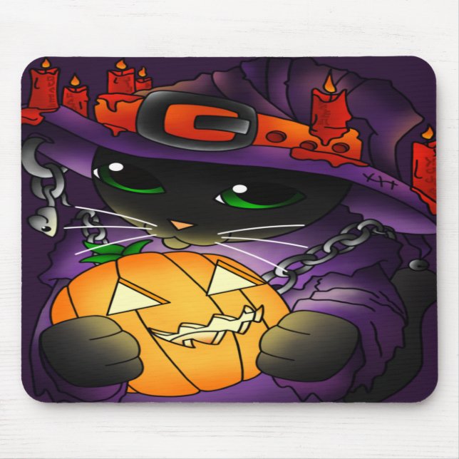 Tapis De Souris Chat de sorcière noire Citrouille d'Halloween (Devant)
