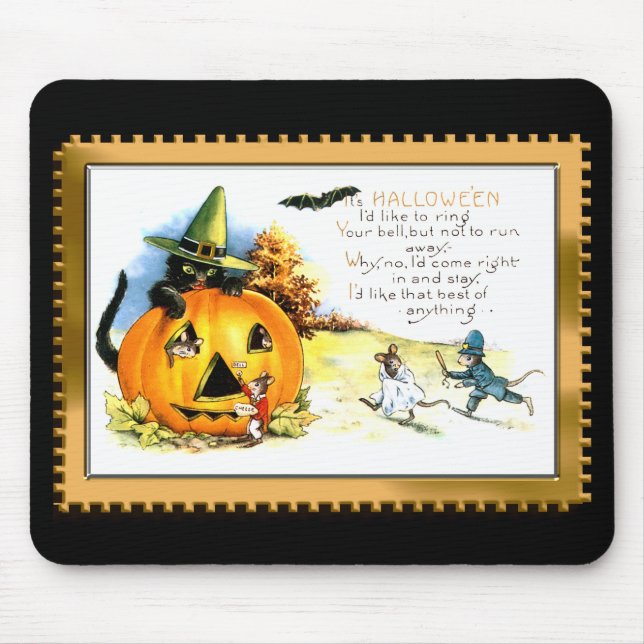 Tapis De Souris Chat d'Halloween assis dans Jack O Lantern (Devant)