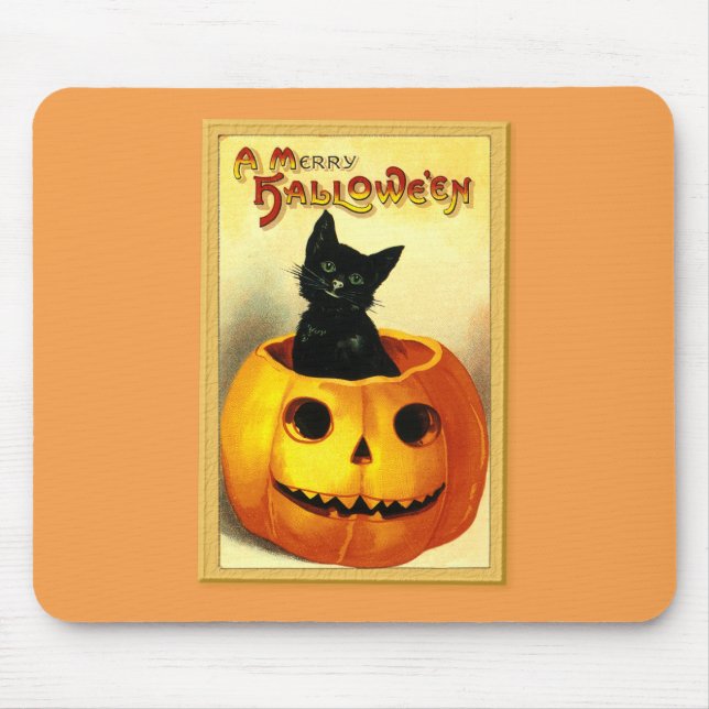 Tapis De Souris Chat d'Halloween assis dans une citrouille Jack O  (Devant)