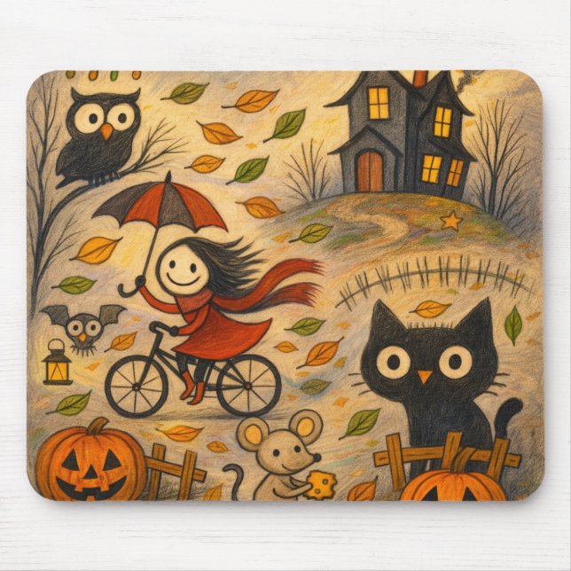 Tapis de souris Chat d'Halloween et Fille à Bicycl (Devant)