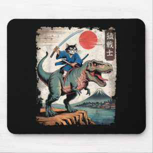 Tapis De Souris Chat drôle à cheval sur un t rex art japonais ukiy