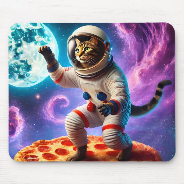 Tapis De Souris Chat Drôle Voler Une Pizza Astronaut Kitty Space (Devant)