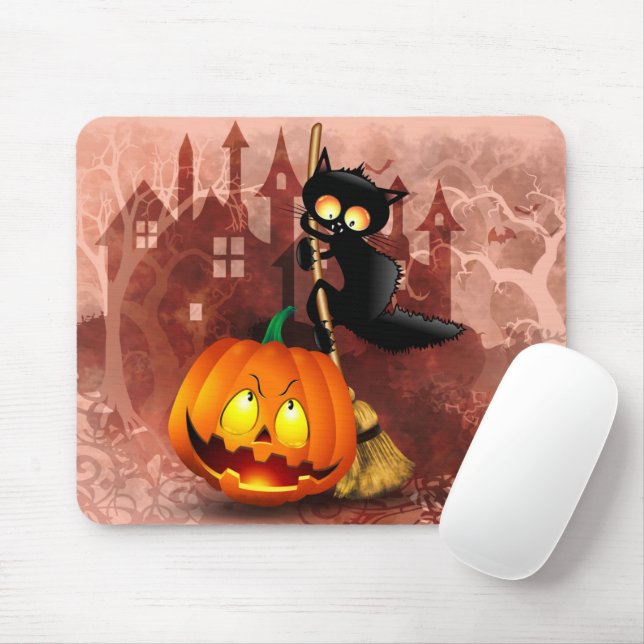 Tapis De Souris Chat effrayé par Citrouille Fun Halloween caractèr (Avec souris)