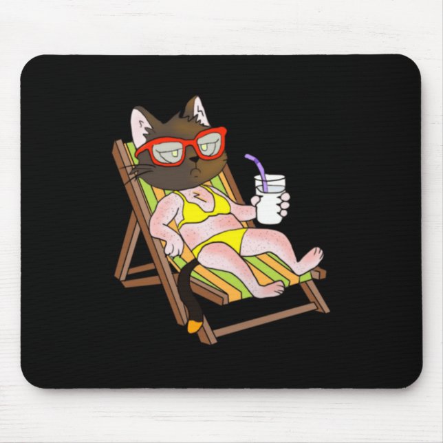 Tapis De Souris Chat en bikini sur chaise longue de plage en train (Devant)