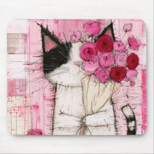 Tapis De Souris Chat en smoking tenant un bouquet de roses roses