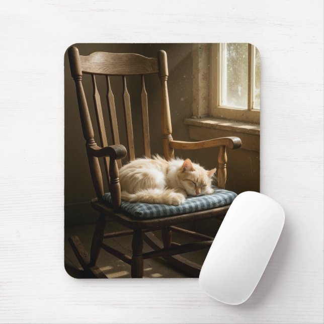 Tapis De Souris Chat endormi sur une chaise berçante (Avec souris)