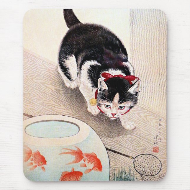 Tapis De Souris Chat et bol à poissons rouges, (Devant)