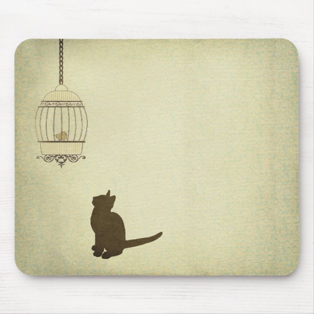 Tapis De Souris Chat et cage à oiseaux (Devant)