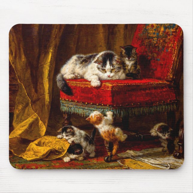 Tapis De Souris Chat et chatons Jouer avec chaise (Devant)