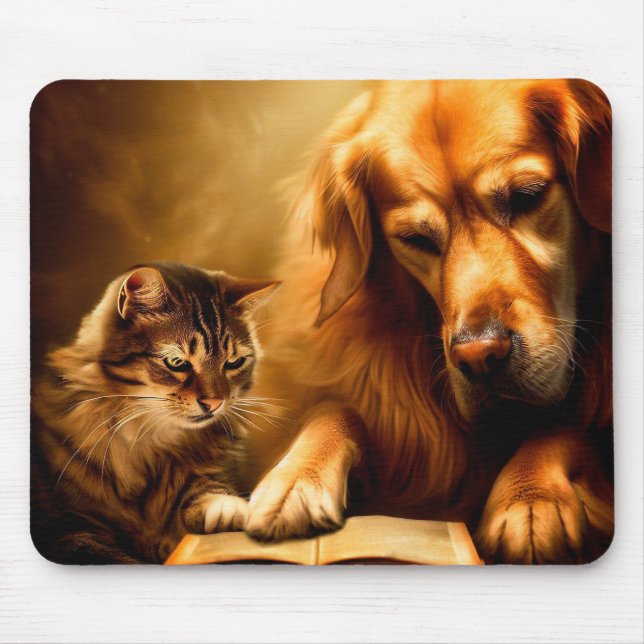 Tapis De Souris Chat et chien lisant un livre (Devant)