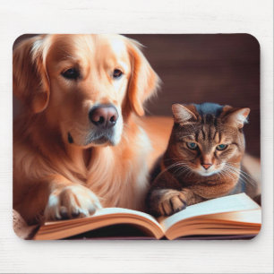 Tapis De Souris Chat et chien lisant un livre