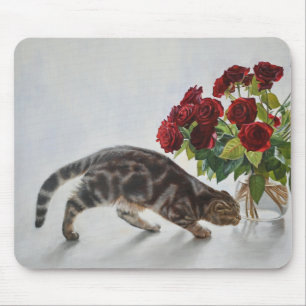 Tapis De Souris Chat et roses rouges – Impression réaliste d'une p