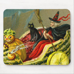 Tapis De Souris Chat et sorcière vintage d'Halloween noir