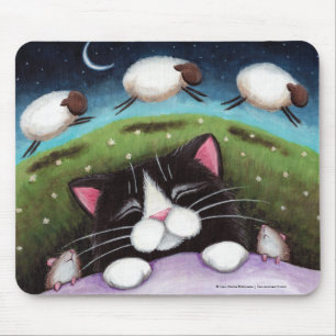Tapis De Souris Chat et souris de sommeil rêvant des moutons