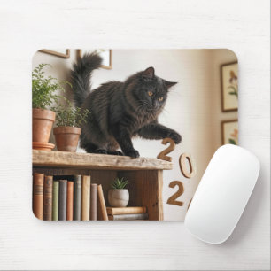 Tapis De Souris Chat faisant tomber l'année 2026 de la bibliothèqu