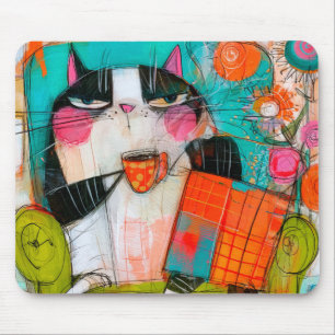 Tapis De Souris Chat grincheux buvant du café dans un fauteuil