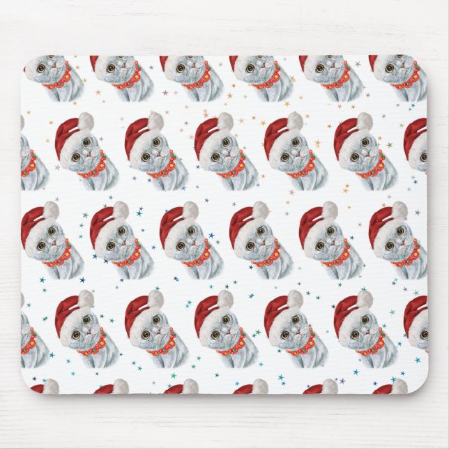 Tapis De Souris Chat gris argent mignon avec collier de chat Noël (Devant)