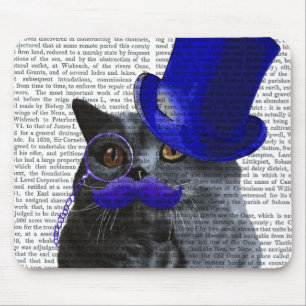Tapis De Souris Chat gris avec chapeau bleu et moustache bleue