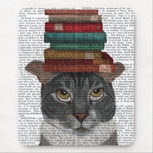 Tapis De Souris Chat gris avec des livres sur la tête