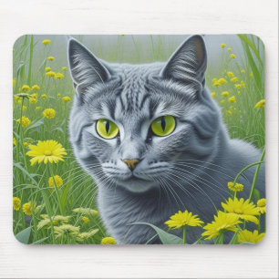 Tapis De Souris Chat gris mignon avec Yellow Eyes Ai Art