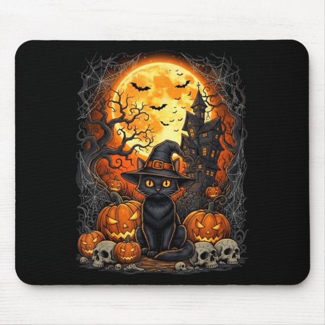 Tapis De Souris Chat Halloween Citrouille Noir (Devant)