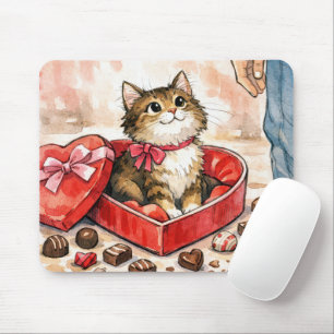 Tapis De Souris Chat heureux dans une boîte de cœur de bonbons de