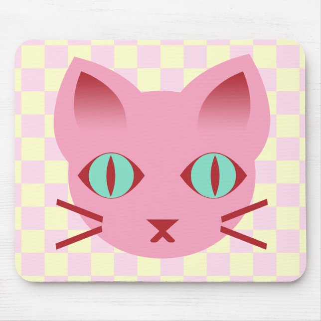 Tapis De Souris Chat Kitty Anime Kawaii Rose & Jaune Vérifications (Devant)