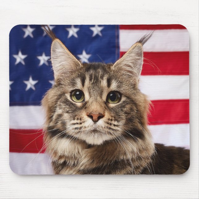 Tapis De Souris Chat Maine Coon avec drapeau américain (Devant)