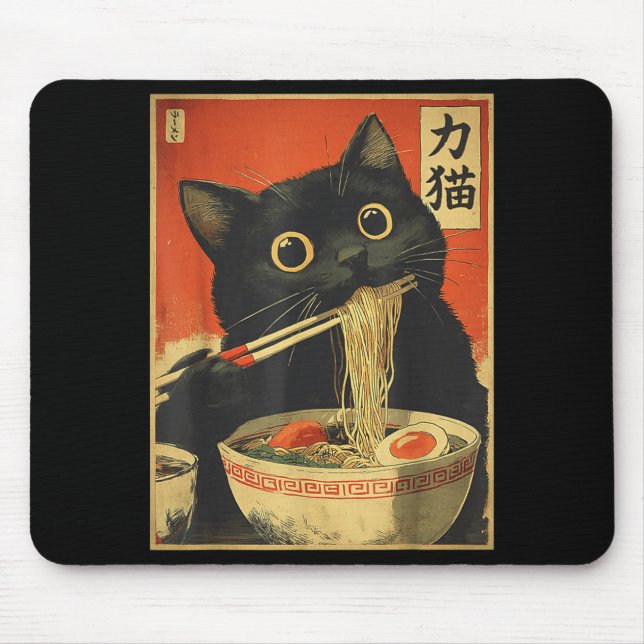 Tapis De Souris Chat Mangeant Des Ramen Drôle Japonais Kawaii Chat (Devant)